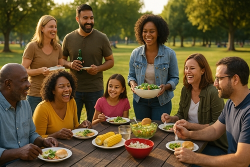 Neighbors of different ages and backgrounds enjoying food together at a picnic table in a park.