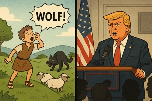 Split-panel illustration juxtaposing a boy crying “wolf” in a pastoral scene with a modern political figure delivering a speech—highlighting the urgency of combating disinformation narratives in today’s media landscape.