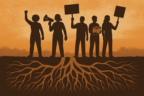 Illustration of people standing in solidarity above ground, each holding a tool of resistance - megaphone, protest sign, food box, and book - while beneath them, an intricate network of roots spreads deep into the soil, symbolizing the strength and interconnection of grassroots movements.