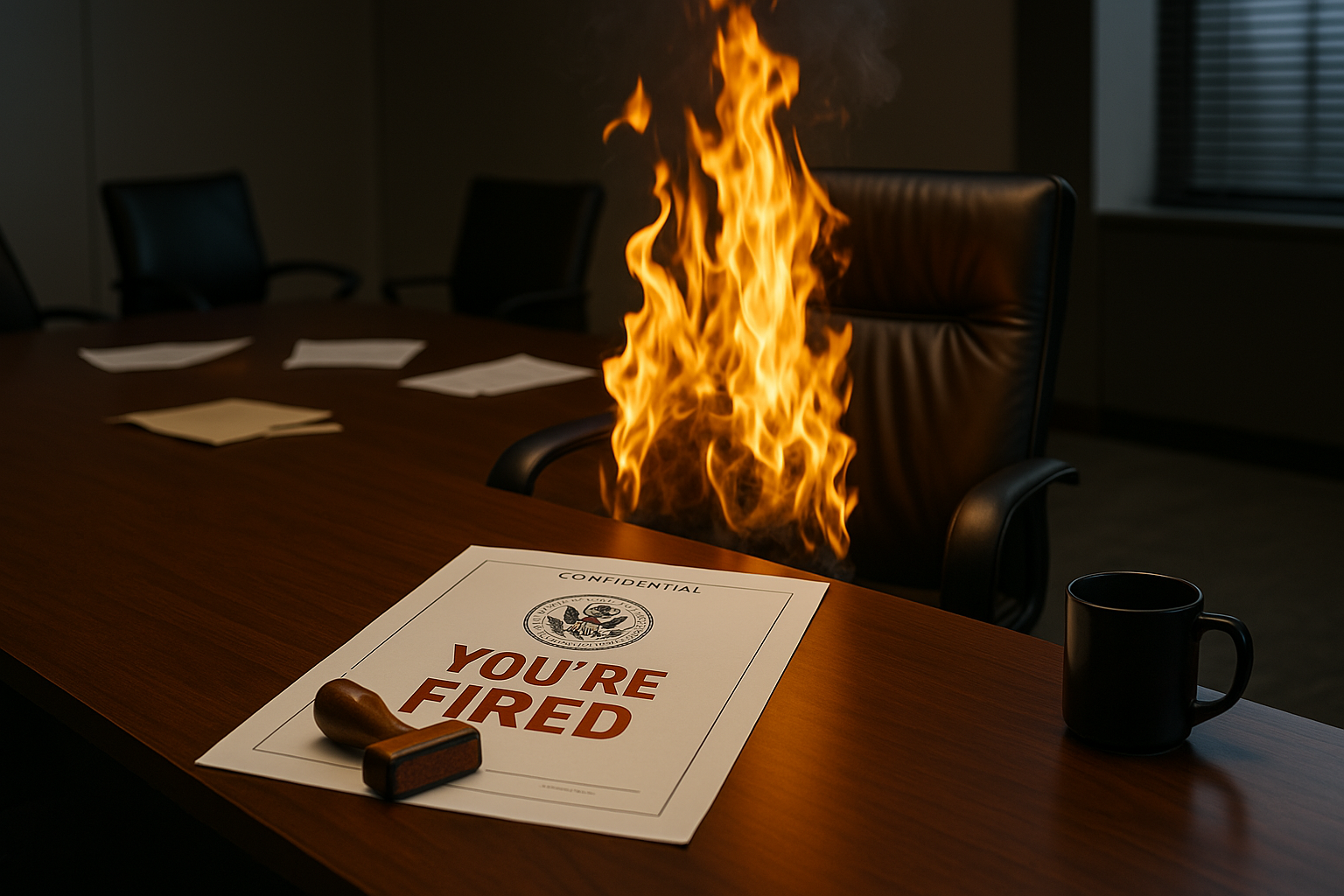 A dramatic boardroom scene with a single chair at the head of a long table engulfed in flames. Scattered documents, a cracked mug labeled “Democracy,” and a red “YOU’RE FIRED” stamp across a presidential-style folder convey chaos and resignation. Other chairs sit empty or toppled, symbolizing mass departures or abandonment.