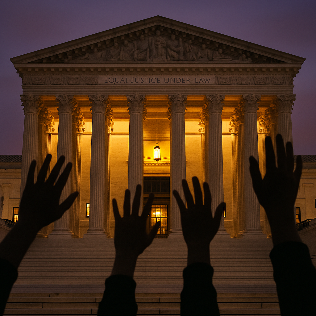 A neoclassical courthouse lit by golden lights at dusk, with a deep blue sky behind it and soft shadows falling across the stone steps.