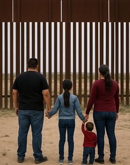 A migrant family stands at a fenced border holding hands, evoking vulnerability and resilience under U.S. immigration policy during the Trump era.