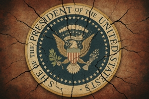 Horizontal image of the U.S. presidential seal, cracked and distressed, representing the collapse of democratic institutions under Trump’s authoritarian leadership. The fractured emblem echoes themes of unilateral power grabs, reckless governance, and institutional decay explored in the post.