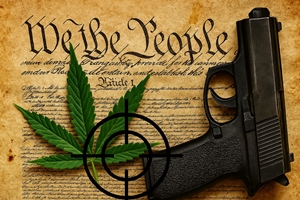 A semi-automatic handgun, a green cannabis leaf, and a black crosshair symbol layered over the U.S. Constitution’s preamble, symbolizing federal targeting of gun rights in marijuana-legal states.