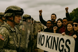 National Guard soldiers in riot gear face peaceful demonstrators holding a ‘No Kings’ banner during a protest against authoritarian policies.