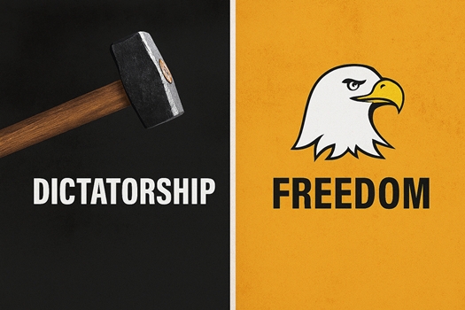 Split-screen image showing a sledgehammer hovering above the word “DICTATORSHIP” on a dark background, and a bald eagle above the word “FREEDOM” on a gold background—symbolizing the contrast between oppression and democratic strength.