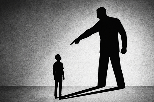 A small silhouetted figure stands upright and defiant as a massive, full-bodied shadow looms over them, pointing aggressively. The image evokes a David vs. Goliath confrontation, symbolizing moral resistance against authoritarian power.