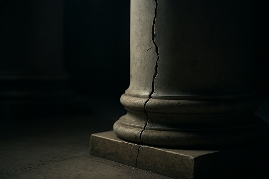 A cracked marble column stands in partial shadow, its jagged fracture illuminated by a narrow beam of light; dust particles float in the air, while the surrounding architecture fades into darkness, evoking the quiet erosion of democratic institutions.