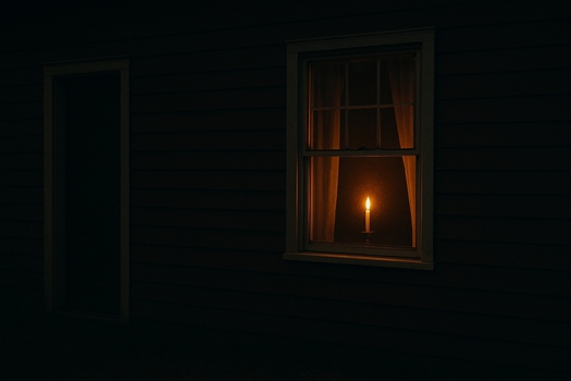 A modest home with one glowing Christmas light in the window, symbolizing hope amid hardship.