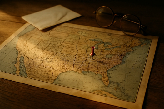A vintage map of the United States lies on a rustic wooden table, softly lit by warm sunlight. A single red pushpin marks a small town, while nearby, a pair of round reading glasses and a folded letter evoke personal memory and reflection. The scene suggests the quiet intersection of national history and individual story.
