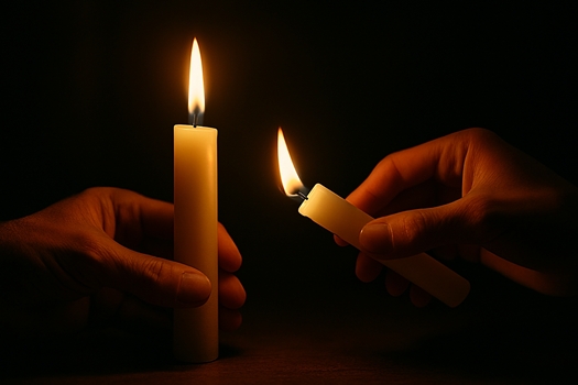 Two hands reach toward each other in a dimly lit scene—one holding a lit candle, the other a recently lit candle. The moment captured is the instant the flame transfers, casting a warm glow on both hands and evoking the quiet power of shared moral courage and public responsibility.