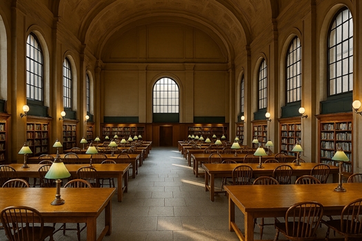 Interior of a public reading room with long wooden tables, green-shaded lamps, and tall arched windows — evoking clarity, structure, and democratic inquiry.