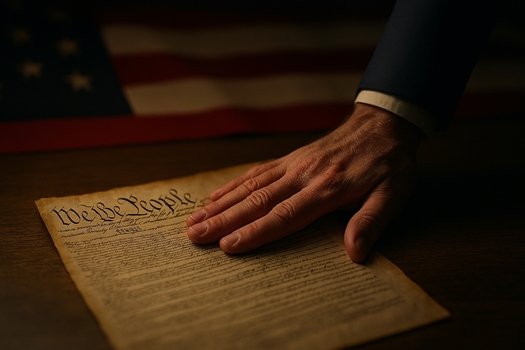 A man's hand in a navy suit rests solemnly on a weathered copy of the U.S. Constitution, with the words "We the People" prominently visible; a softly blurred American flag lies in the background, evoking a quiet moment of constitutional oath and civic duty.
