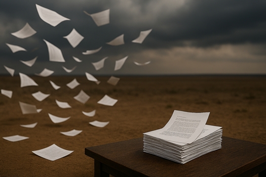 A stack of official documents being blown apart by gusts of wind.