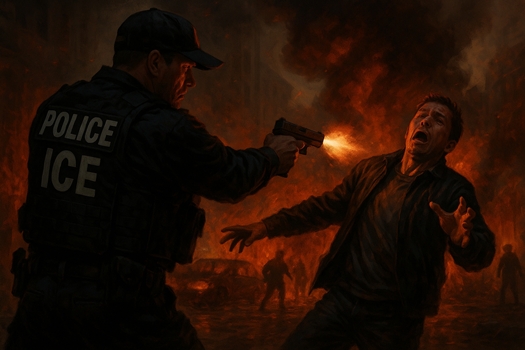 An ICE agent shoots a civilian in a street filled with smoke.