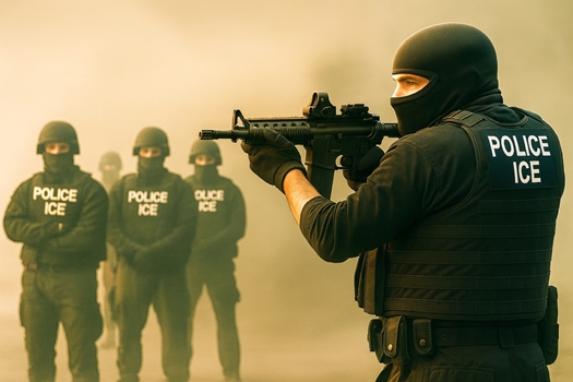 Four ICE agents in black tactical gear stand in a smoky orange haze; one aims a weapon while three others face forward with arms crossed, wearing vests labeled “POLICE ICE.”