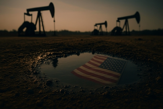 A puddle in the foreground reflects the American flag, while multiple oil pumpjacks stand silhouetted in the background of a Venezuelan oil field at dusk.