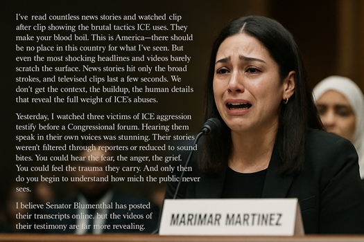 A visibly emotional Marimar Martinez testifies at a Congressional forum, speaking into a microphone with a nameplate in front of her.