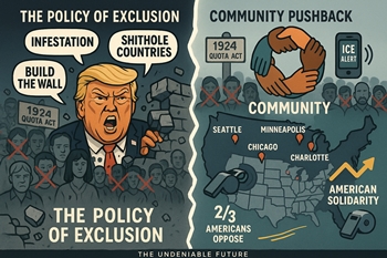 Infographic contrasting the Trump immigration policy of racial engineering with American solidarity and community resistance in cities like Minneapolis and Chicago.