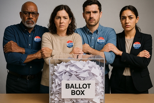 Four serious individuals wearing “I VOTED” badges stand with crossed arms in front of a stuffed ballot box labeled “BALLOT BOX,” forming a protective cordon.