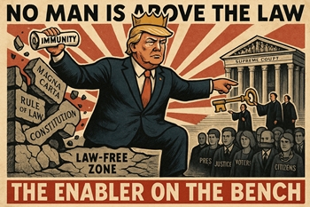 A political illustration titled The Enabler on the Bench, depicting the presidential immunity ruling as a way for a crowned leader to break the law and bypass the Constitution.