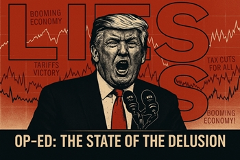 Illustration of Donald Trump shouting at a podium with the word LIES repeated in the background for 2026 State of the Union op-ed.