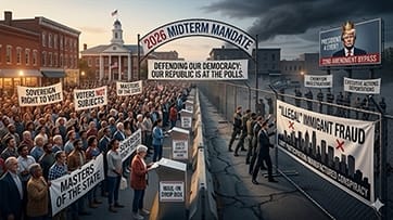 A split visual of 2026 midterm voters on the left and a restrictive barrier with a crowned Trump on the right under a Defending Our Democracy banner.