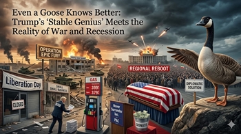 A surreal political illustration showing a calm goose as a symbol of reason, contrasted against a background of war in Iran, economic decline in the U.S., and a 'Never Surrender Inc. PAC' podium using a flag-draped coffin to solicit donations.