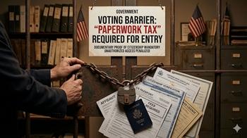 A conceptual image showing a voting booth blocked by a heavy chain made of legal documents like passports, birth certificates, and marriage licenses, representing the Paperwork Tax.