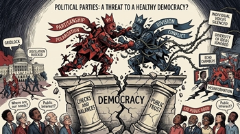 Editorial illustration showing how political parties threaten democracy by cracking the foundations of public trust and constitutional checks and balances.