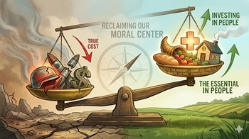 A conceptual illustration of a moral compass and the cost of glory, balancing national priorities.
