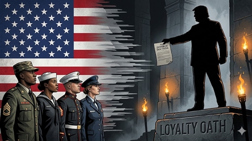 Horizontal graphic showing U.S. troops shifting their focus from a desaturated American flag toward a silhouette of a leader holding the Donroe Doctrine, with 'Loyalty Oath' visible at the base. Symbolizes the Pentagon purge and the new 'Donroe Doctrine' of personal allegiance.
