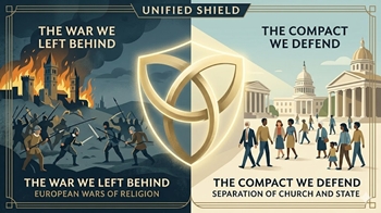 Conceptual graphic of the Separation of Church and State showing a golden shield protecting a peaceful public square from historical war.