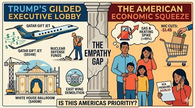 Horizontal political infographic comparing executive spending vs. family costs. Left panel shows Trump’s $934M jet and $400M ballroom. Right panel shows a family with symbols for gas hikes and WIC cuts. Split by a pillar labeled ‘THE EMPATHY GAP’.
