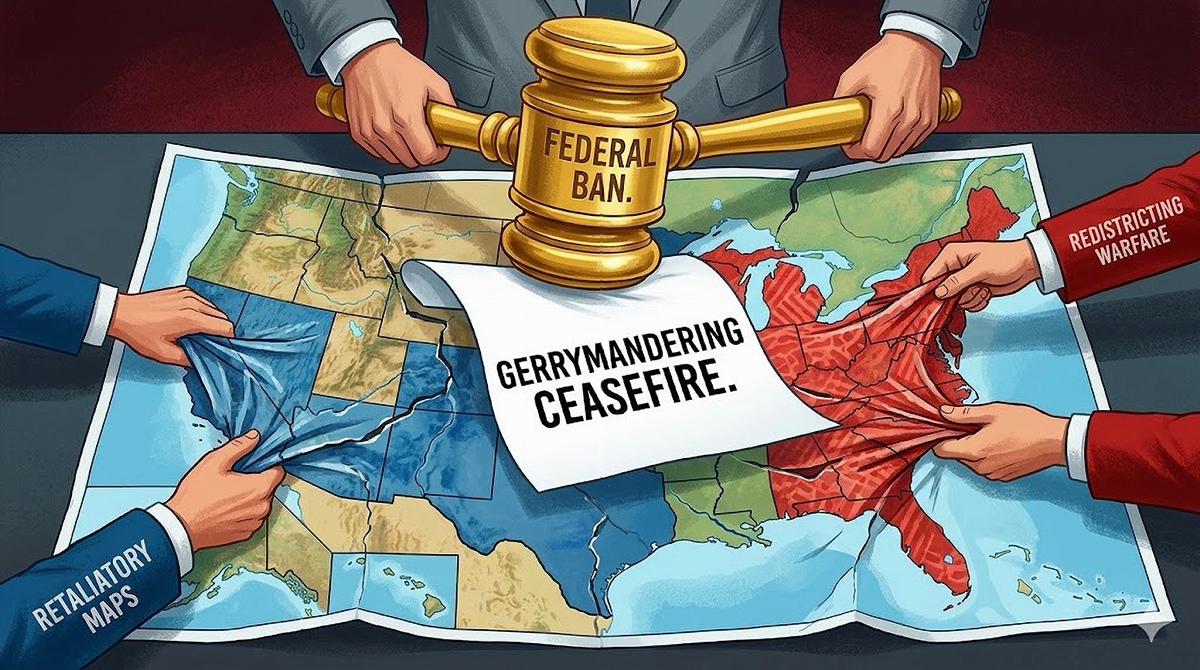 Graphic for Fighting Autocracy advocating for a federal ban on gerrymandering to ensure 2026 midterm integrity.