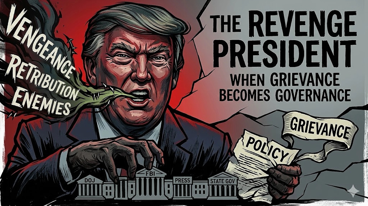 An editorial illustration of the Revenge President tearing up policy papers while his hands loom over icons of the DOJ, FBI, and the Press.