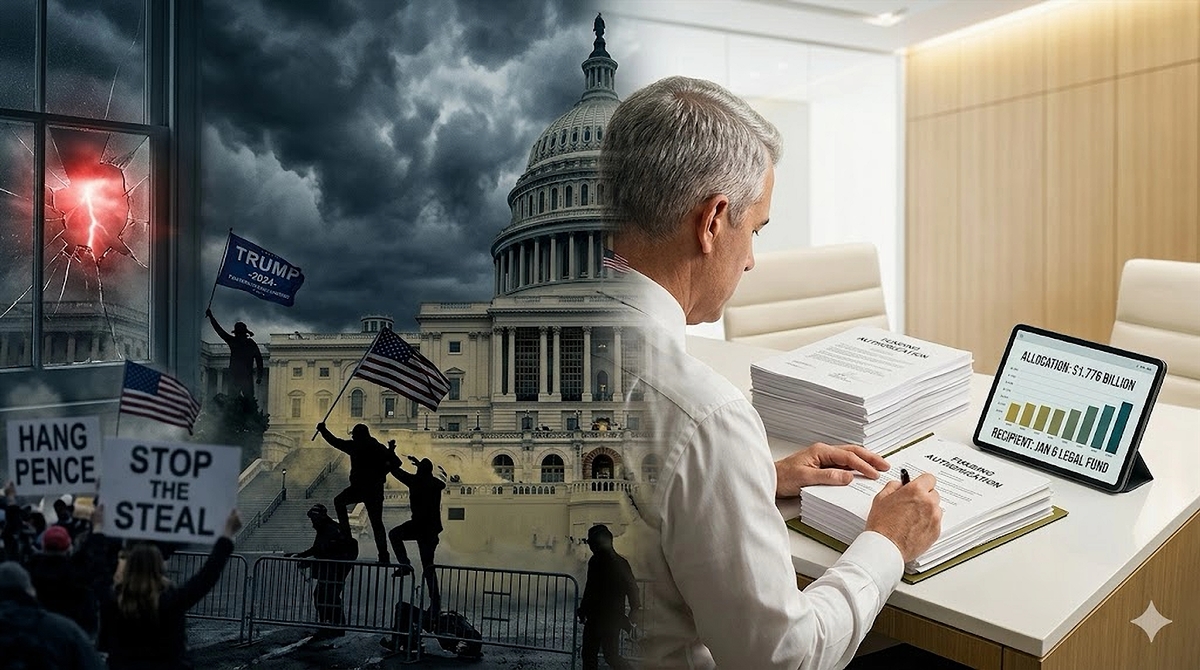 Split editorial photograph showing the January 6 Capitol attack memory dissolving into a brightly lit office where a man authorizes a 1.776 billion dollar payment to a "Jan 6 Legal Fund."
