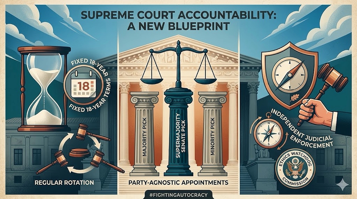 Infographic displaying a three-pillar constitutional blueprint for Supreme Court accountability, featuring an hourglass, balanced scales, and an ethics watchdog shield.
