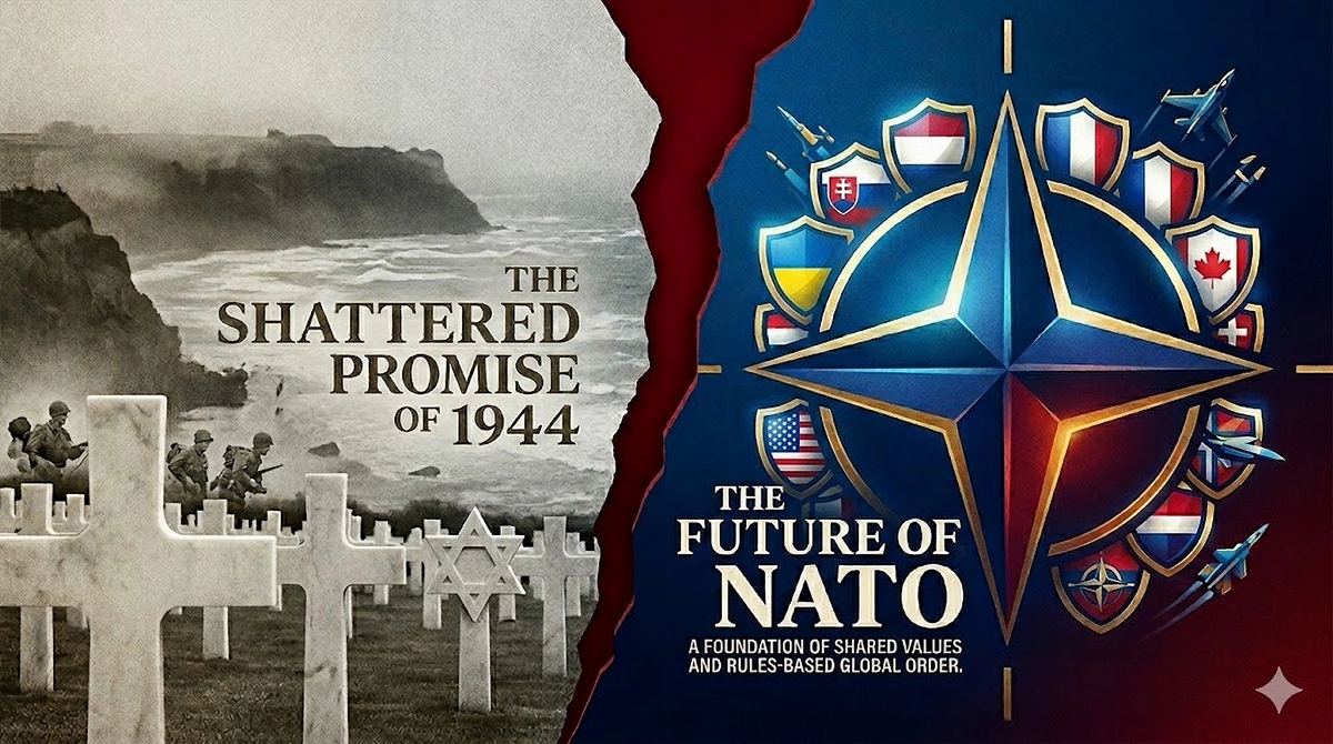 Split graphic showing the Normandy American Cemetery on the left and a modern logo representing the future of NATO and a rules-based global order on the right.