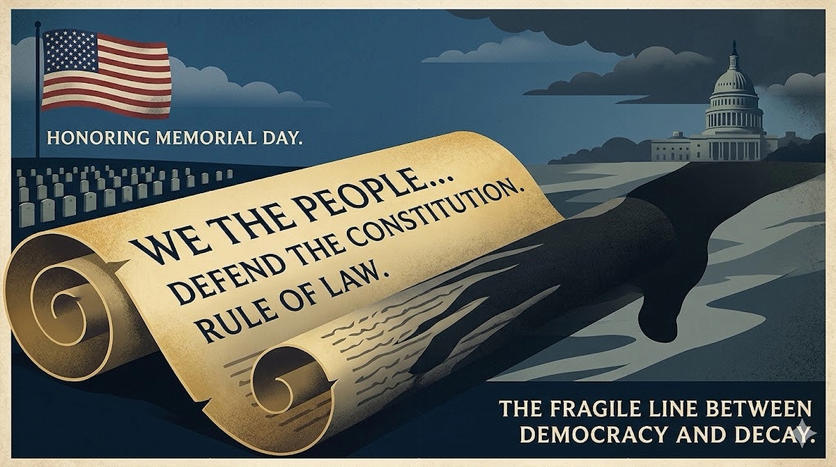 A rolled-out scroll featuring the U.S. Constitution and the words "Defend the Constitution" and "Rule of Law," set against a backdrop of Memorial Day cemetery markers and the U.S. Capitol building.