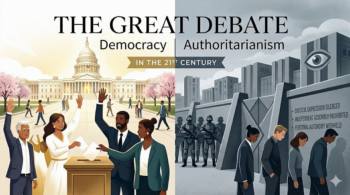 Split-screen illustration showing people voting at a brightly lit parliament building for democracy versus citizens walking past armed guards under a surveillance eye for authoritarianism.