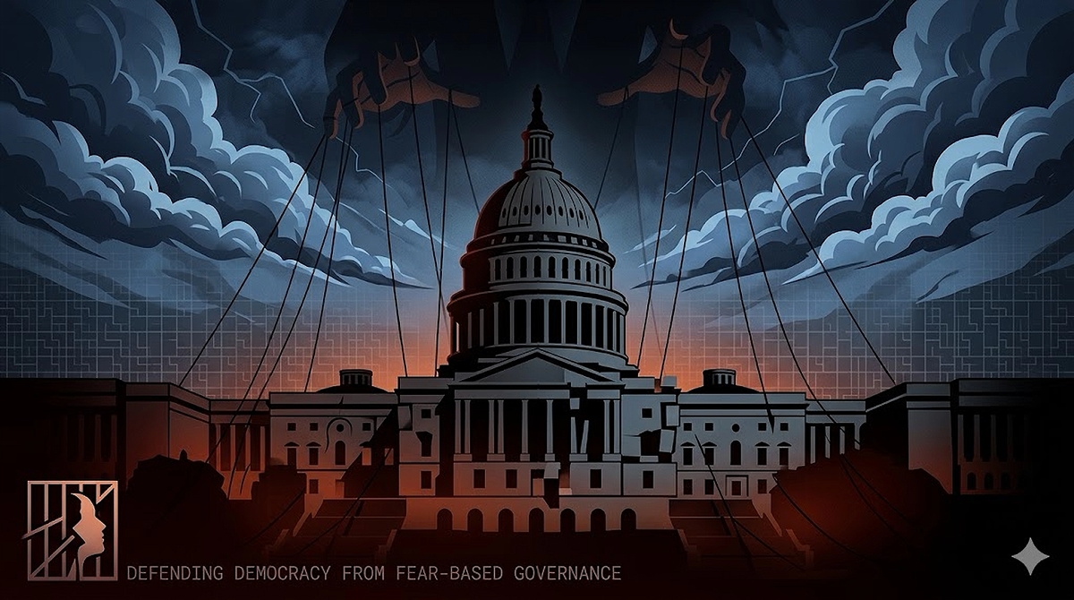 Graphic illustration of the US Capitol building under the shadow of a puppeteer's hands, representing fear-based governance and authoritarian strategies.