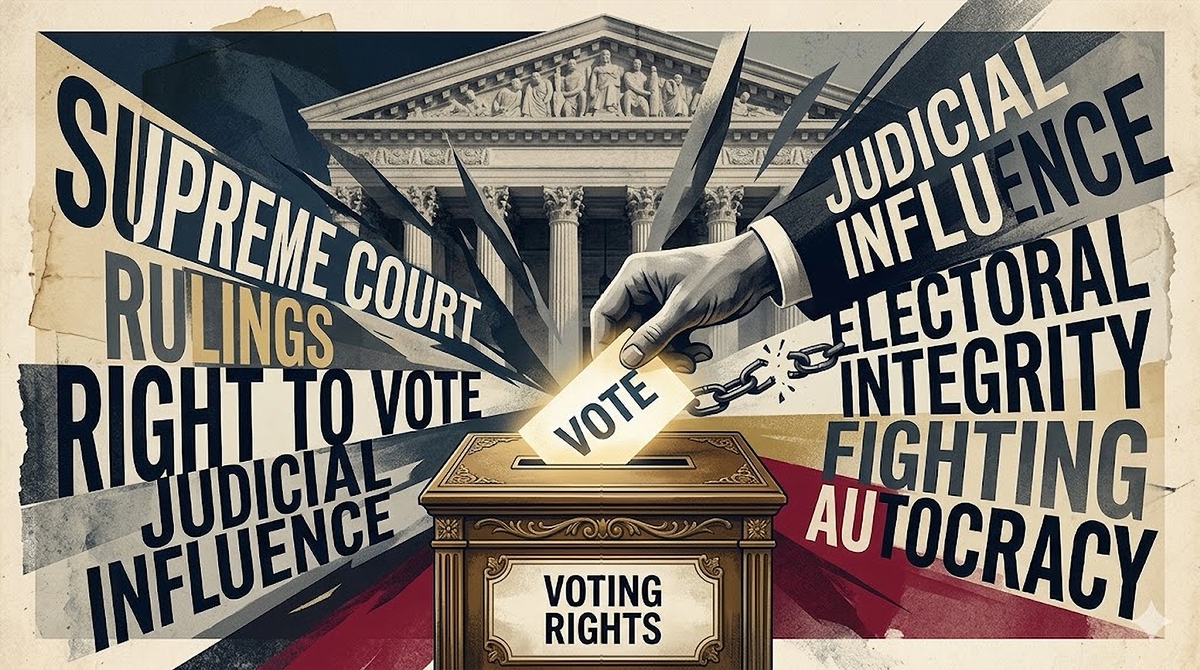 Illustration representing Supreme Court election rulings and their impact on individual voting rights, featuring a ballot box and the High Court building.