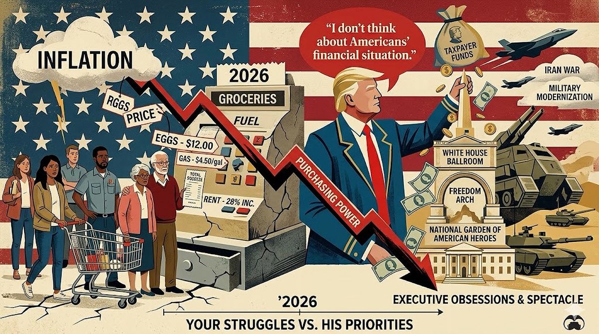 Editorial illustration showing why Americans are paying more for groceries and fuel while federal funds go to the Iran war and monuments.