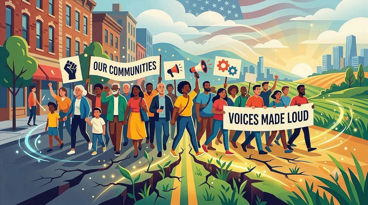 A diverse crowd of people of all ages and backgrounds marches together with banners and determination. Their collective steps transform a fractured city street into a vibrant field at sunrise, symbolizing the positive impact of their community organizing and civic mobilization.