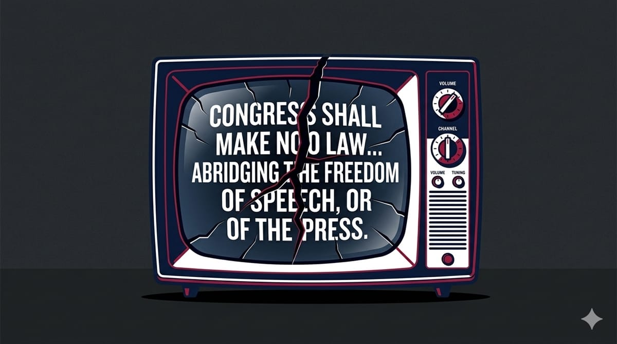 An illustration of a cracked television screen displaying the First Amendment text, representing the need for defending a free press and protecting press freedom.