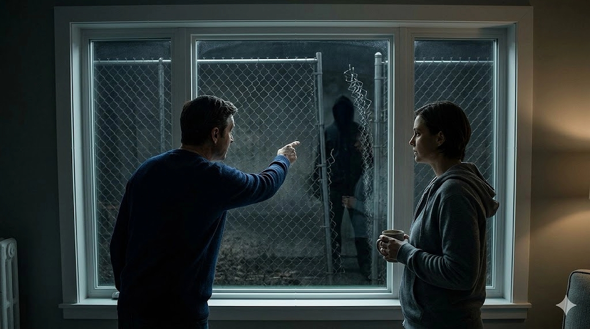 This cinematic photo captures a person pointing urgently at a cut in a perimeter fence, while a second person looks on with calm detachment, ignoring the obvious security breach.
