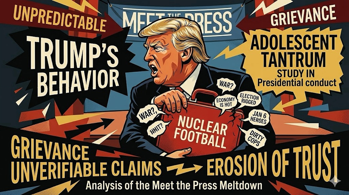 A political illustration mapping how Trump's behavior during the Meet the Press interview manifested as a series of adolescent tantrums.