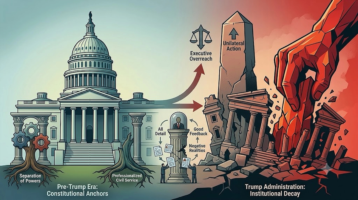 A split conceptual illustration showing a stable neoclassical American capitol building transitioning into a crumbling structure being pushed down by a massive, jagged hand, representing authoritarian weaknesses under Trump and executive overreach.