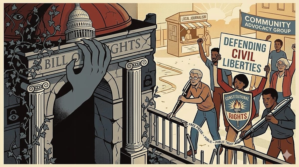 An illustration of American citizens actively defending civil liberties against an encroaching dark hand reaching toward the US Capitol building.